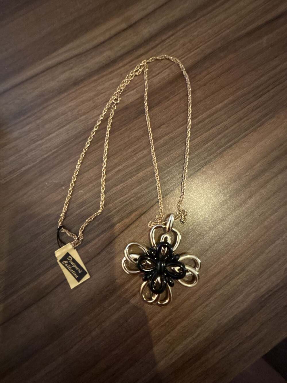 Gold-Tone And Black Flower Pendant Necklace Designer Collection